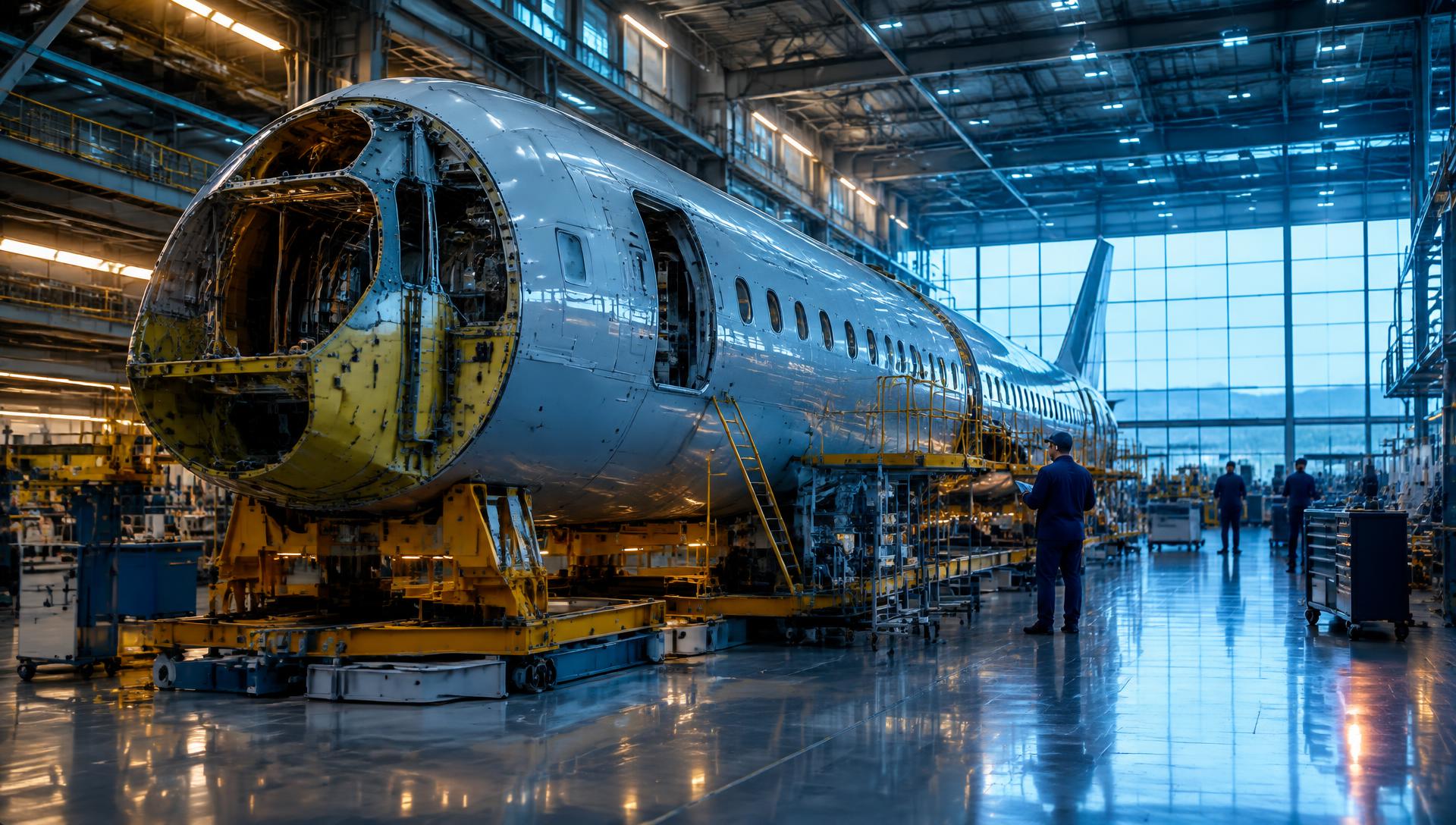 Temporary image: aircraft fuselage under assembly in an aerospace hangar